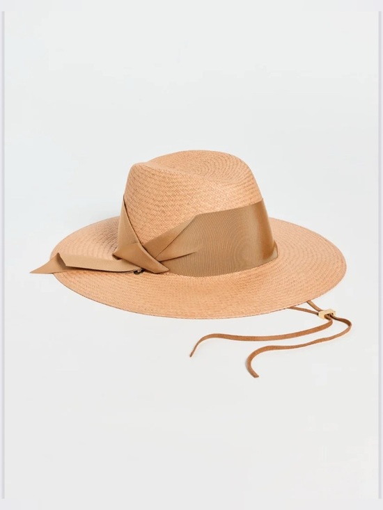 Veronica Beard Accessories - FREYA for VERONICA BEARD Field Gardenia Chinstrap Hat in Tan Raffia Suede Strap